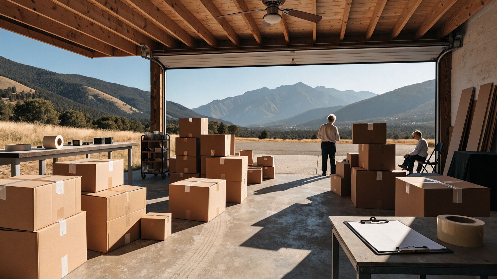 Packed moving boxes and a checklist in an open Colorado garage