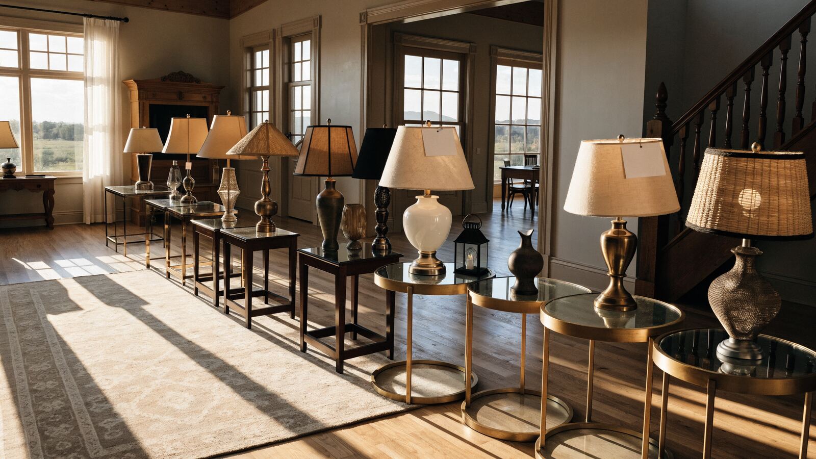 Furniture and lamps arranged for an estate sale in a sunlit living room