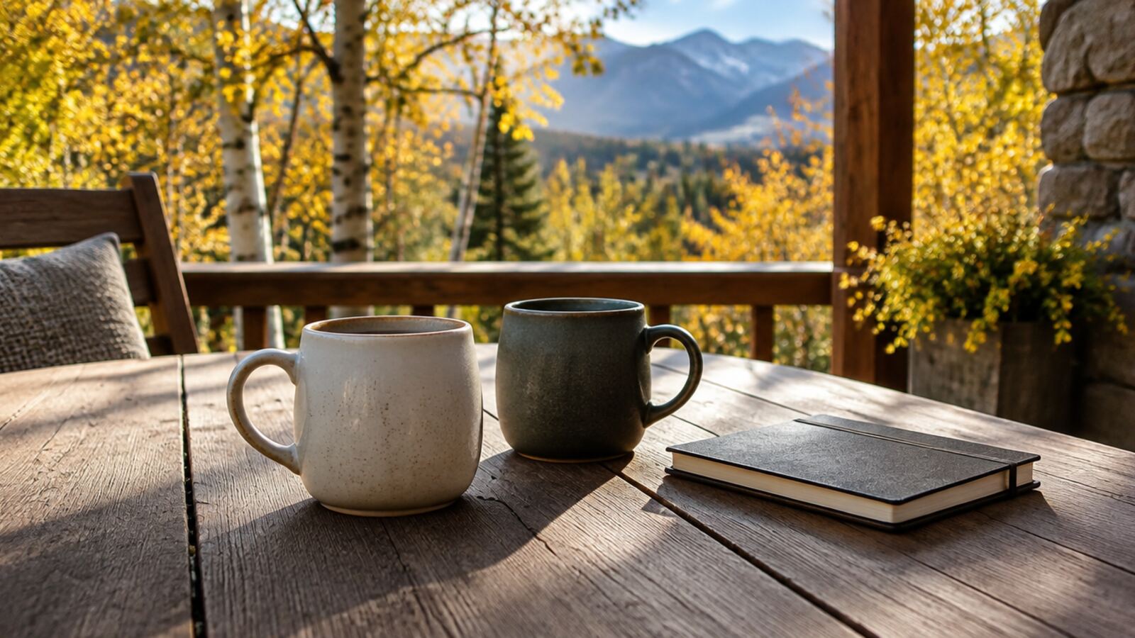Two coffee mugs and a closed notebook on a Colorado porch as autumn leaves turn gold