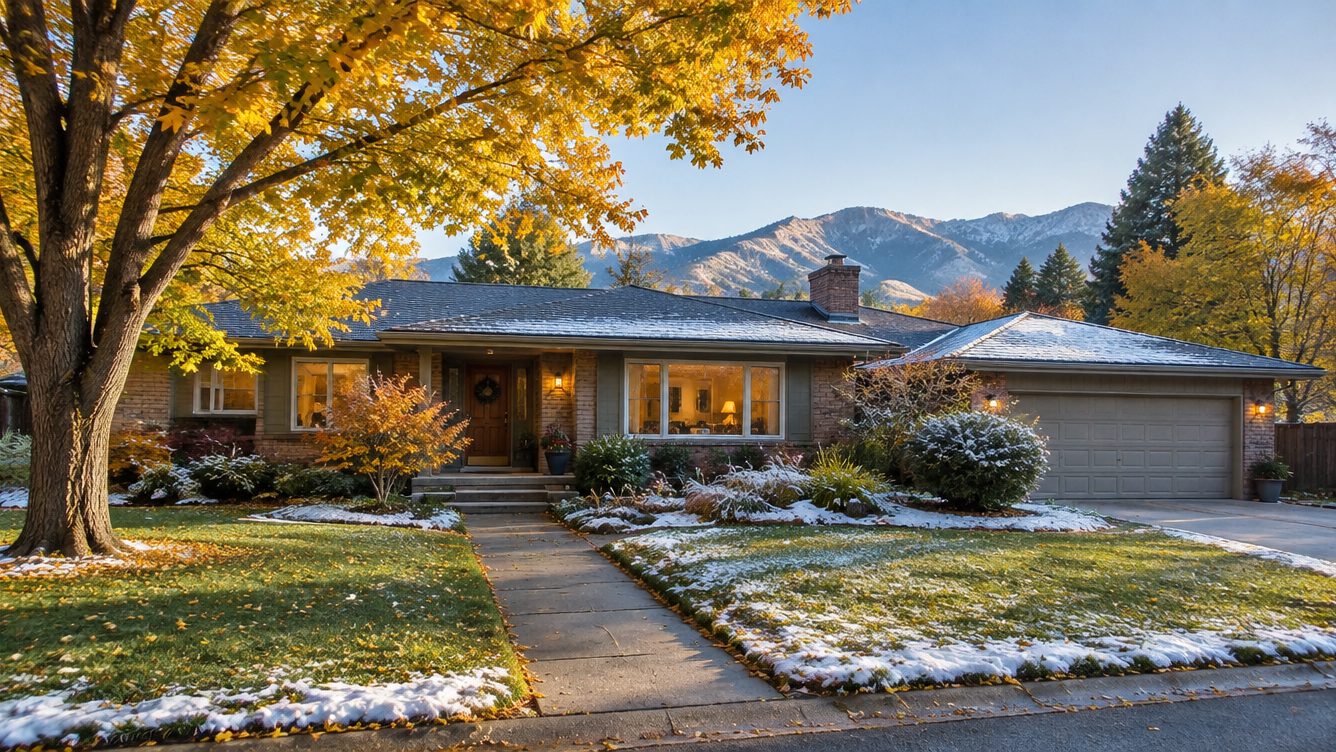 A Boulder County ranch home with golden autumn leaves, a light early snow, and a cleared front walk