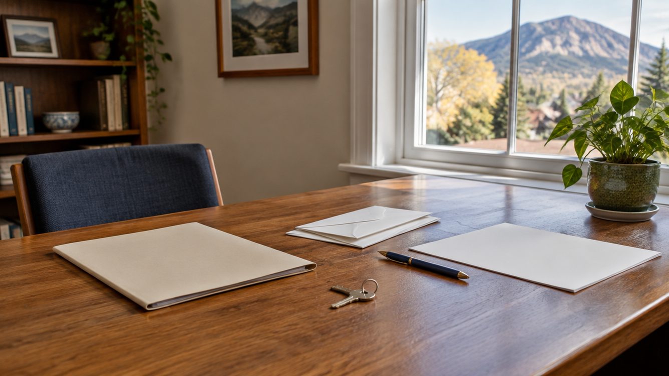 A closed folder, blank envelopes, pen, and house key on a home office desk in Boulder County