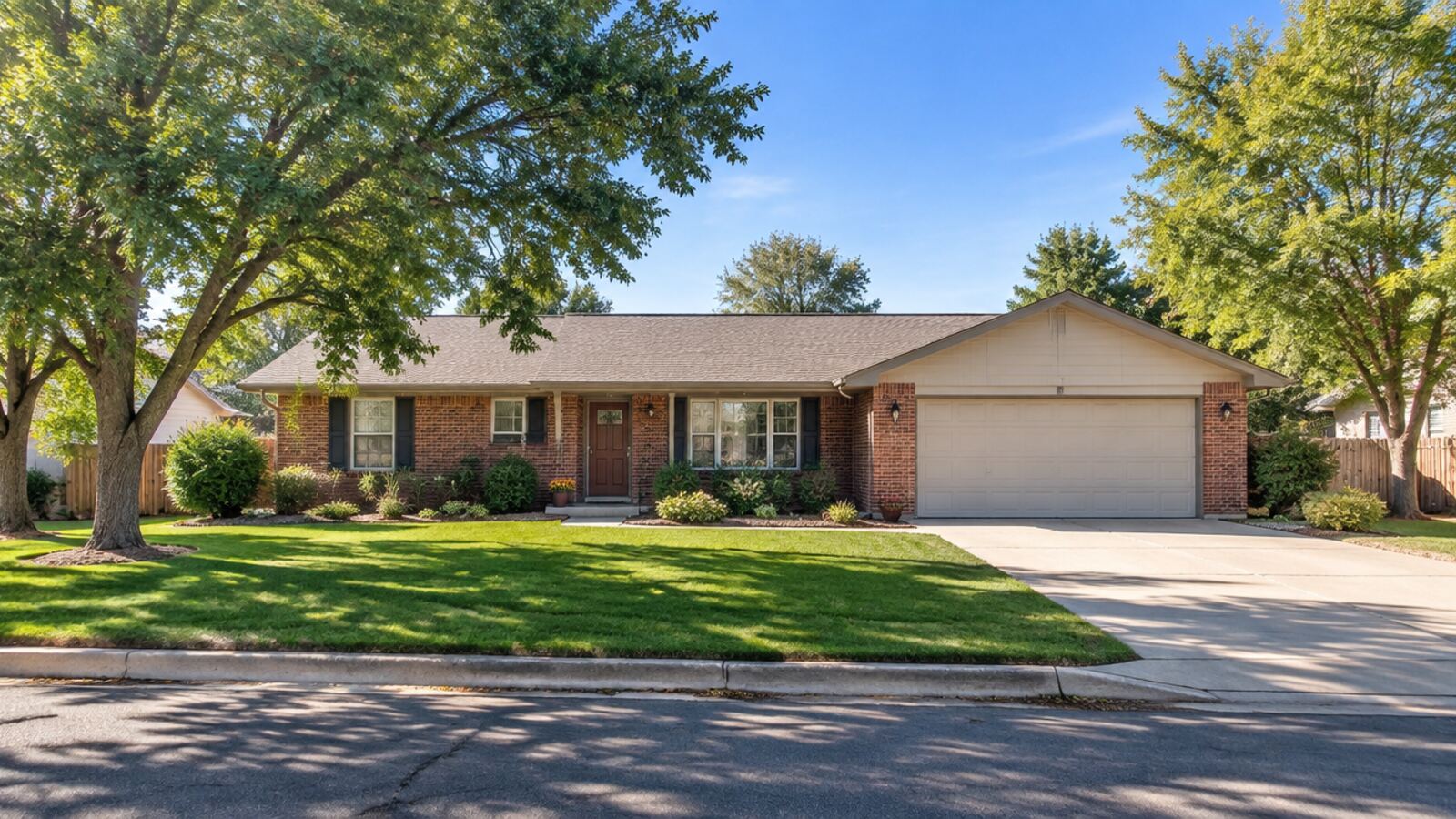A tidy single-story brick ranch beneath mature trees in Greeley, Colorado