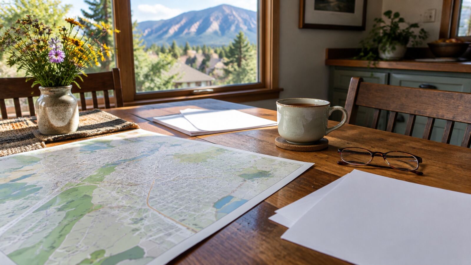 A neighborhood map, blank papers, reading glasses, and tea on a kitchen table in a Boulder County home