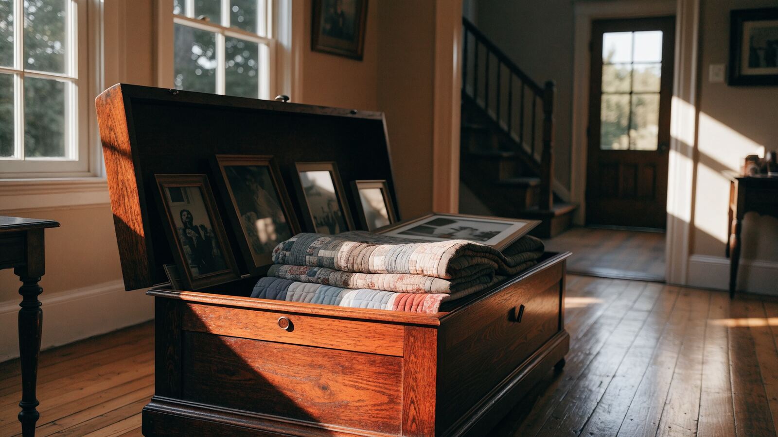 An open cedar chest holding folded quilts and framed family photographs